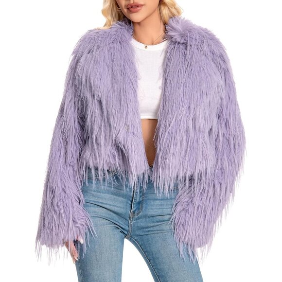 Women's Fur Coats Cropped Faux Fuzzy Warm Jacket Fluffy Fall Coat Purple Grey - Picture 1 of 5